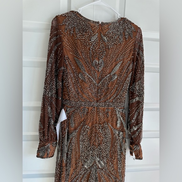 Mac Duggal Style 5295 Beaded‎ Long Sleeve Wrap Mini Dress in Mocha- NWT - Picture 11 of 13
